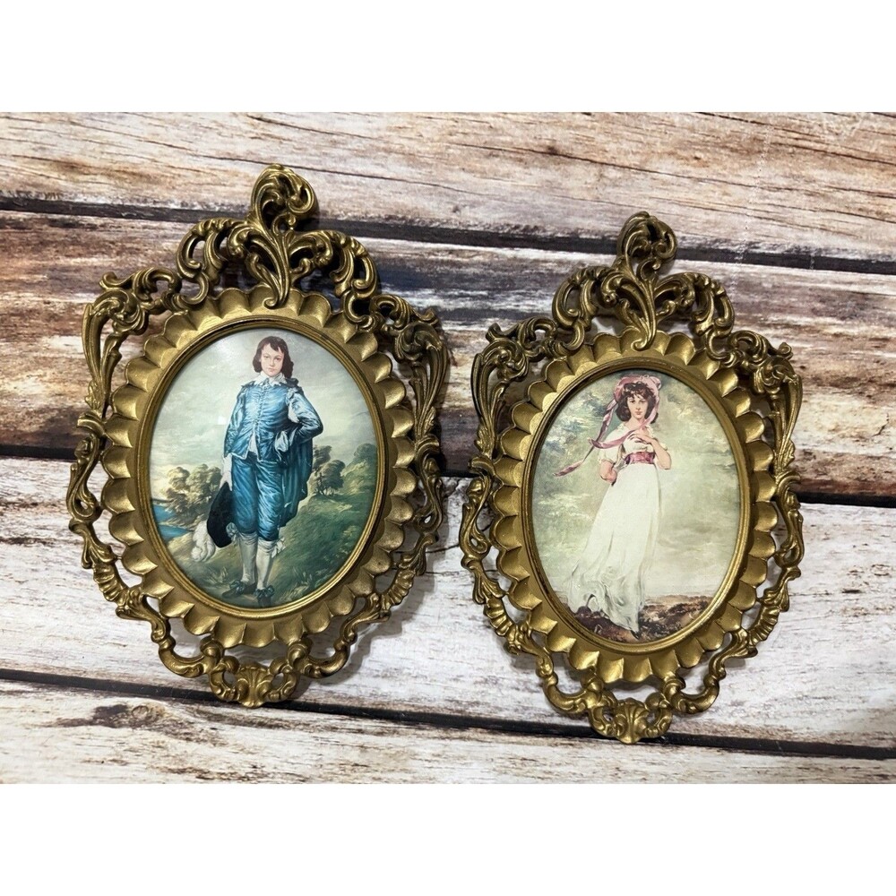 Vintage Blue Boy & Pinkie Oval Gilded Plastic Frames Bubble Glass Made in Italy